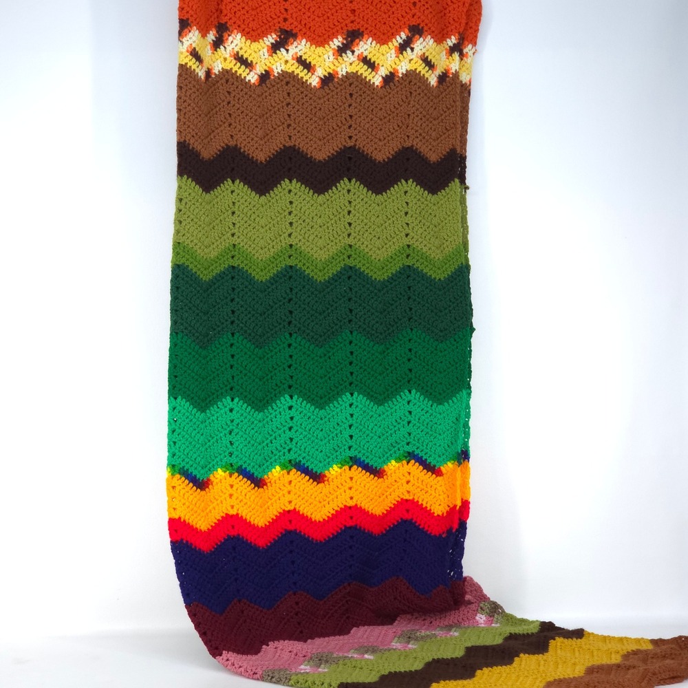 Handmade Afghan Blanket Crochet Ripple Chevron Vintage Boho Cottage Granny 67x43